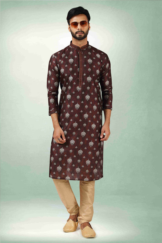 Men's Brown Art Silk Printed Work Kurta Pajama Set