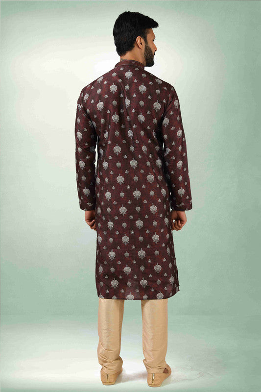 Men's Brown Art Silk Printed Work Kurta Pajama Set