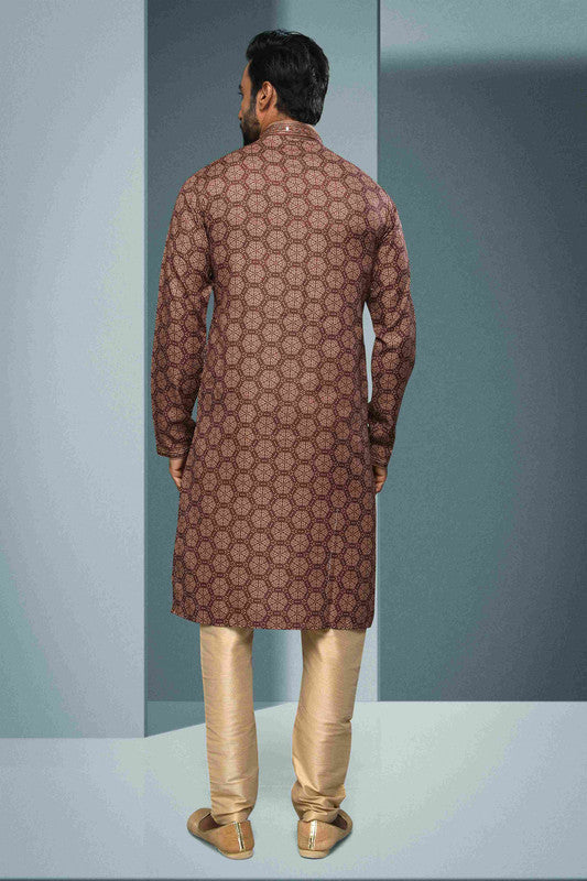 Men's Cotton Digital Print Mirror Work Kurta Pajama In Brown Colour