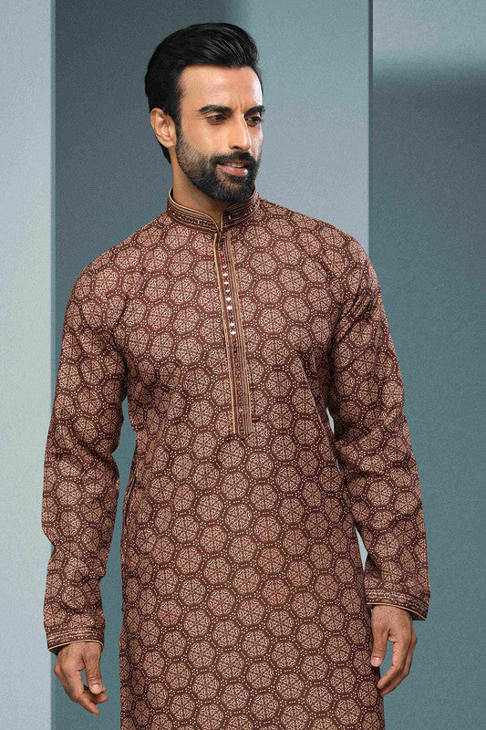 Men's Cotton Digital Print Mirror Work Kurta Pajama In Brown Colour