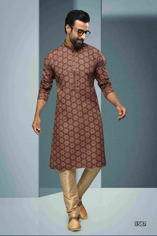 Men's Cotton Digital Print Mirror Work Kurta Pajama In Brown Colour