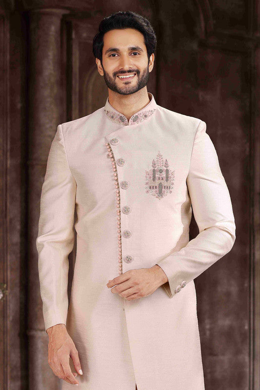 Men's Art Silk Embroidery Work Sherwani In Cream Colour