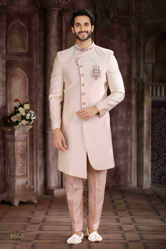 Men's Art Silk Embroidery Work Sherwani In Cream Colour