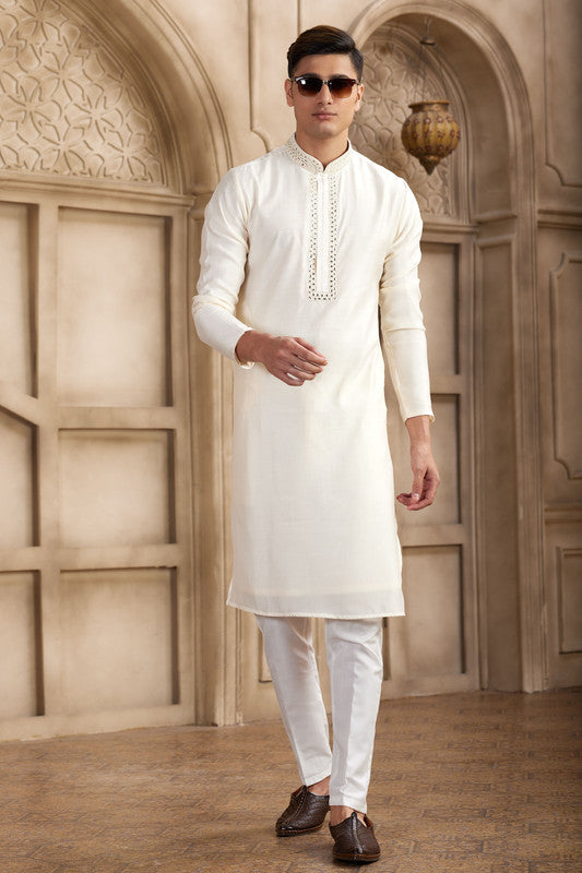 Men's Banarasi Art Silk Mirror Work Kurta Pajama In Cream Colour