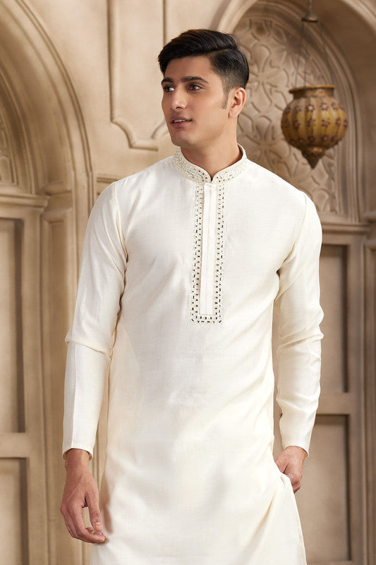 Men's Banarasi Art Silk Mirror Work Kurta Pajama In Cream Colour