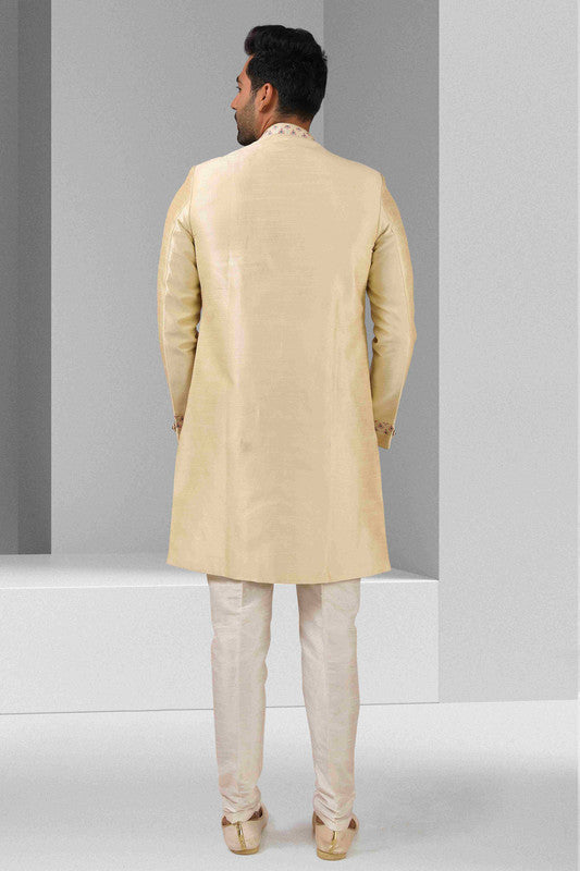 Men's Cream Art Silk Printed Work Indo Western Set