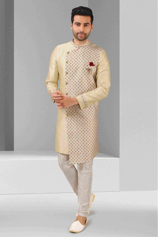 Men's Cream Art Silk Printed Work Indo Western Set