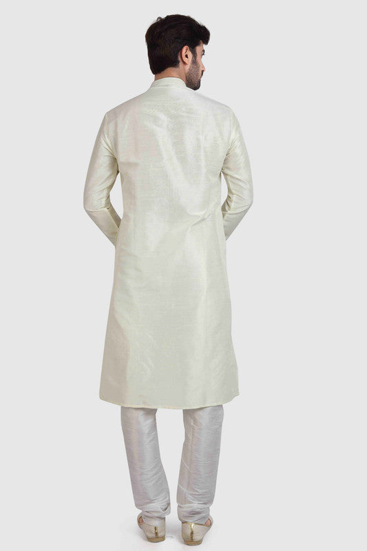 Men's Cream Art Silk Solid Kurta Pajama Set