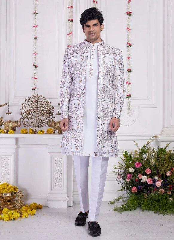 Men's Cream Art Silk Thread Work Indo Western Set