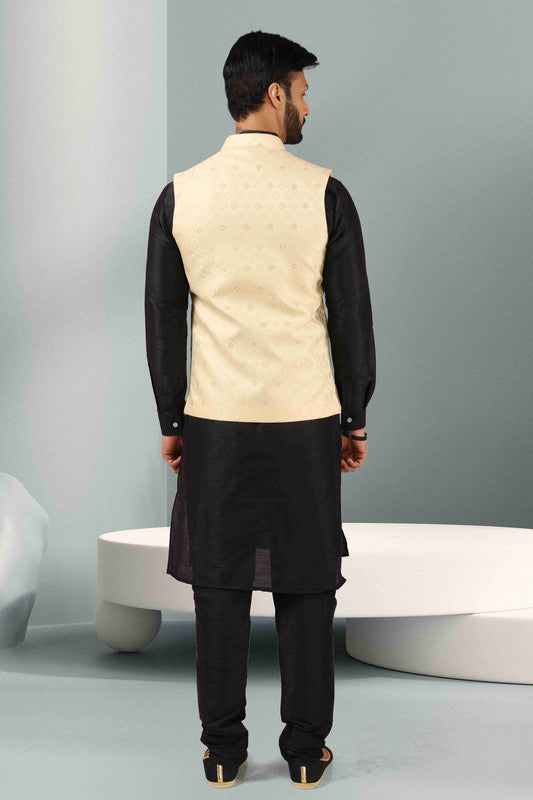 Men's Jacquard Banarasi Silk Woven Work 3 Pics Jacket Set In Cream Colour