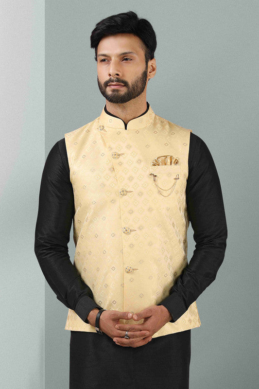 Men's Jacquard Banarasi Silk Woven Work 3 Pics Jacket Set In Cream Colour
