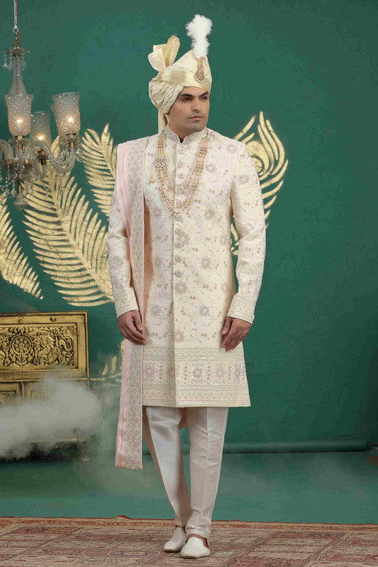 Men's Art Silk Thread Work Sherwani Set In Gold Color
