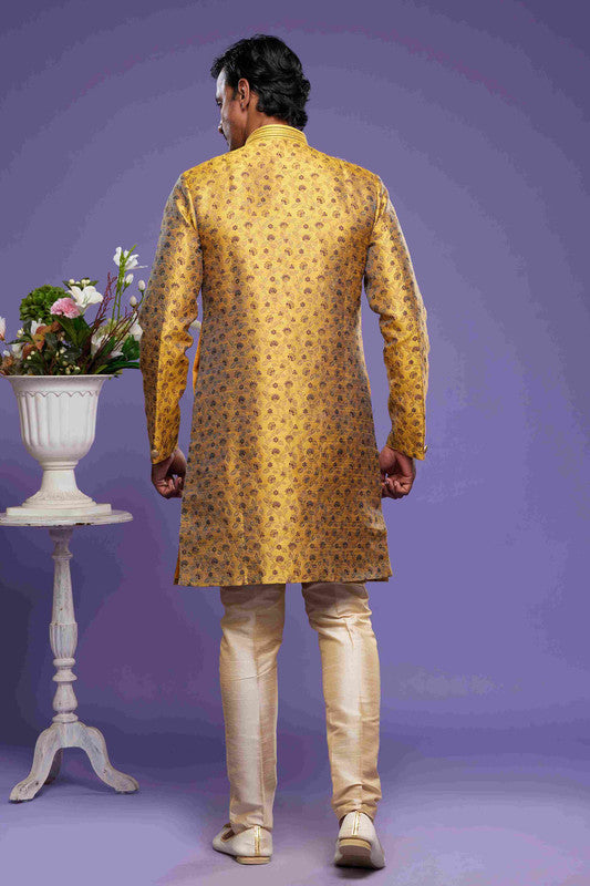 Men's Banarasi Jacquard Embroidery Semi Indo Western Sherwani In Gold Colour