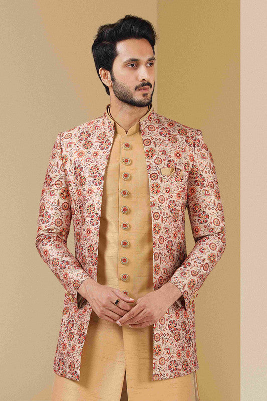 Men's Gold Maroon Art Banarasi Embroidery Indo Western Set
