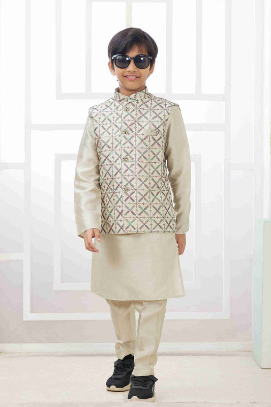 Boy's Pista Green Art Silk Embroidery Jacket Set