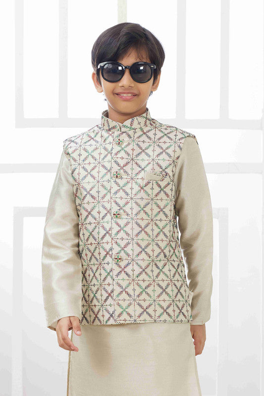 Boy's Pista Green Art Silk Embroidery Jacket Set