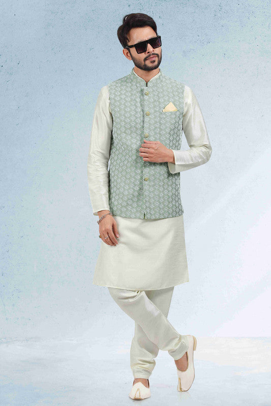 Men's Art Banarasi Silk Thread Work 3 Pics Jacket Set In Mehendi Green Colour