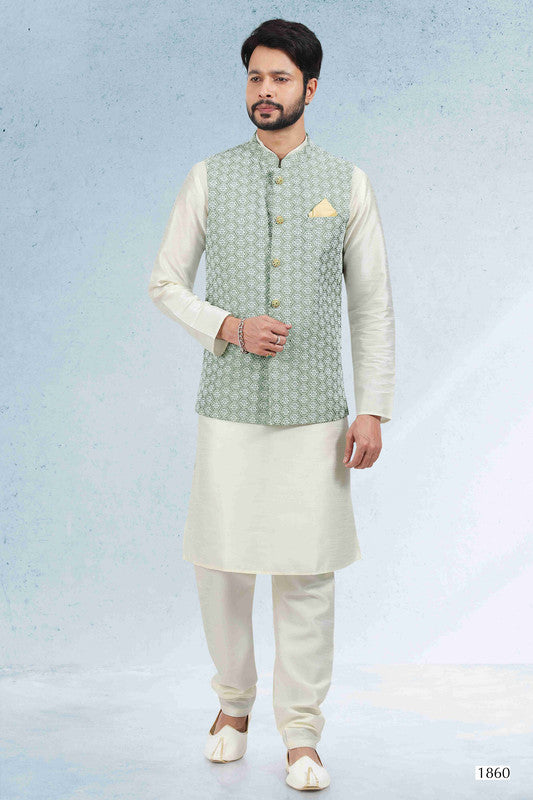 Men's Art Banarasi Silk Thread Work 3 Pics Jacket Set In Mehendi Green Colour