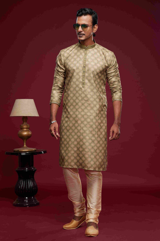 Men's Art Silk Digital Print Pintux Work Kurta Pajama In Light Green Colour