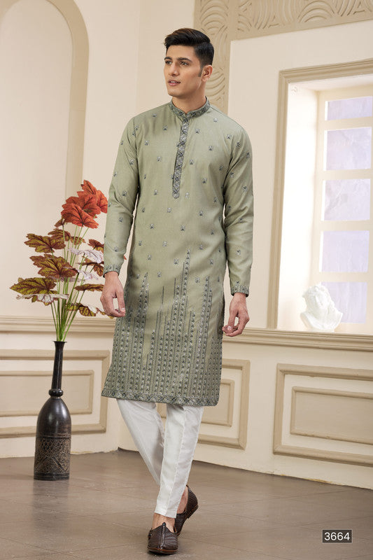 Men's Art Silk Thread Work Kurta Pajama In Green Colour