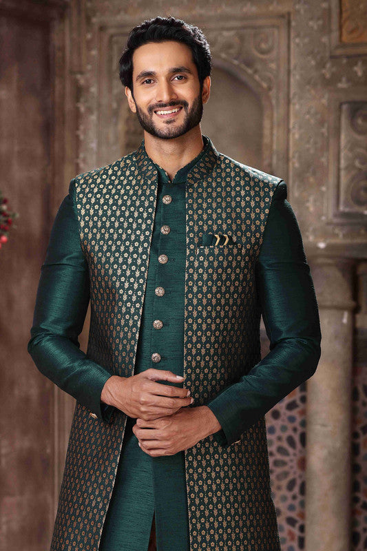 Men's Banarasi Jacquard And Art Silk Embroidery Work 3 Pcs Indo Jacket Set In Green Colour