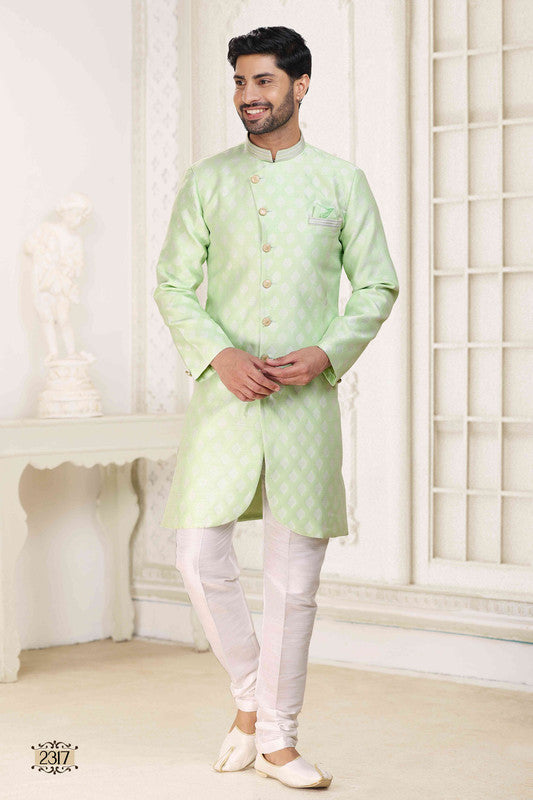 Men's Banarasi Jacquard Embroidery Semi Indo Western Sherwani In Pista Green Colour