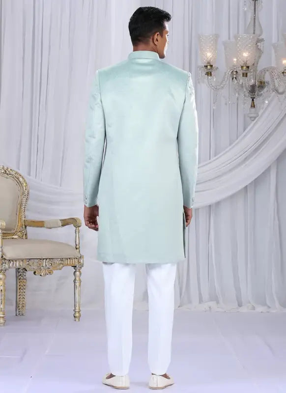 Men's Embosed Velvet Embroidery Work Sherwani Set In Pista Green Color