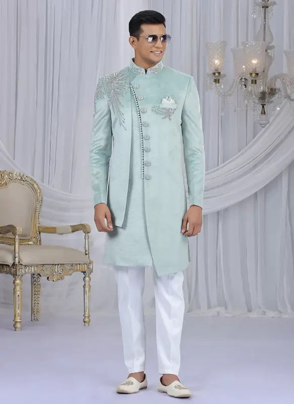 Men's Embosed Velvet Embroidery Work Sherwani Set In Pista Green Color