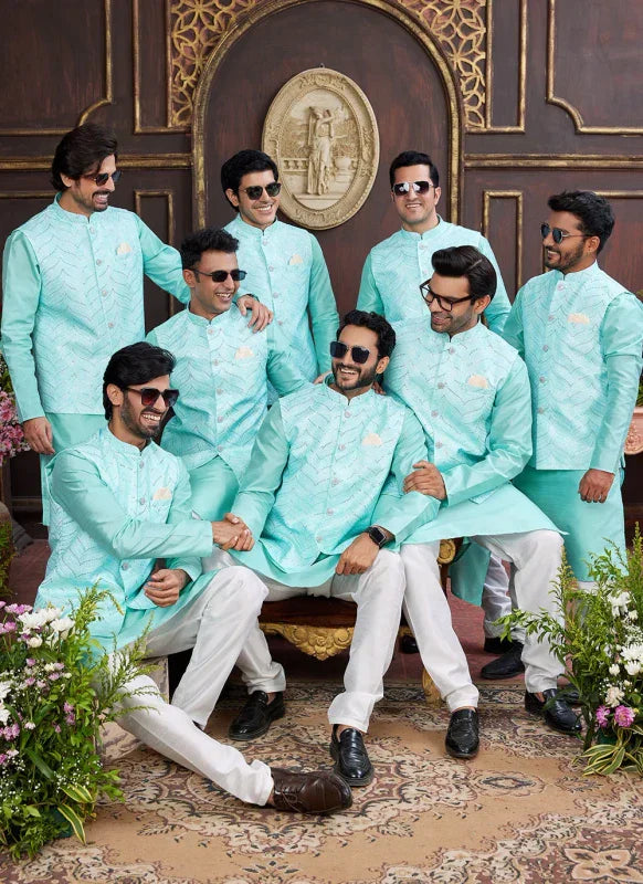 Men's Green Art Silk Digital Print Jacket Set