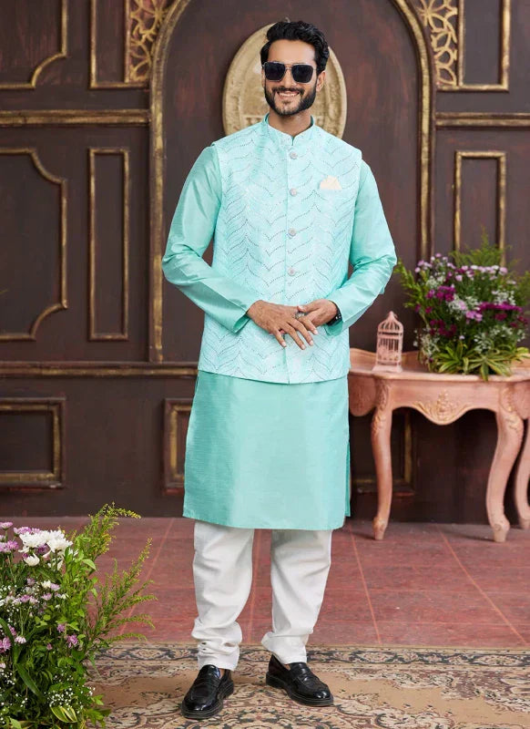 Men's Green Art Silk Digital Print Jacket Set