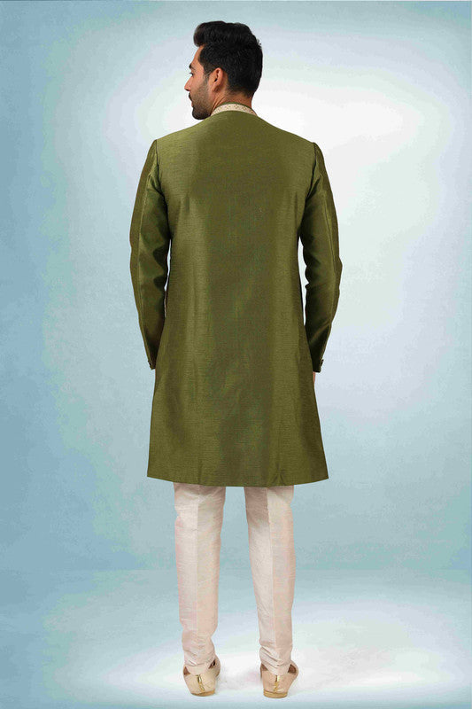 Men's Green Art Silk Printed Work Indo Western Set