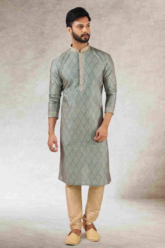 Men's Green Art Silk Printed Work Kurta Pajama Set