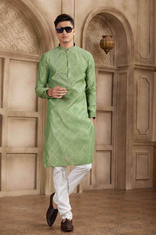 Men's Green Brocade Art Silk Pintux Work Collar Neck Pajama Set