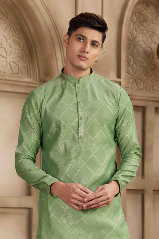 Men's Green Brocade Art Silk Pintux Work Collar Neck Pajama Set