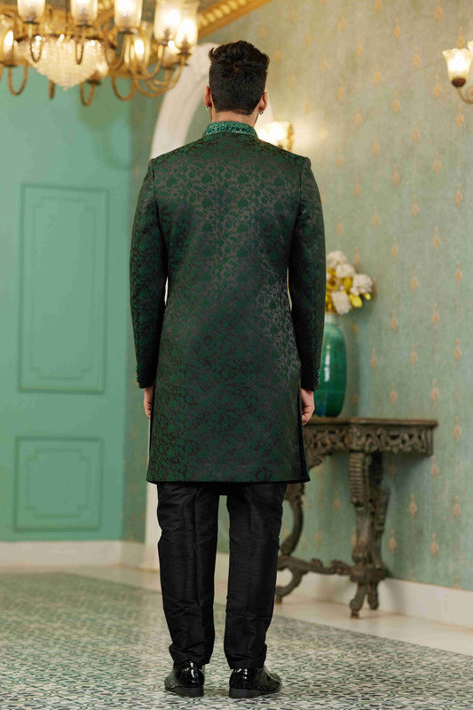 Men's Green Jacquard Silk Embroidery Sherwani Set