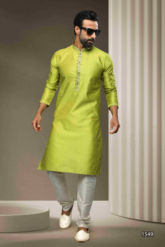 Men's Jacquard Silk Brocade Pintux Work Kurta Pajama In Mint Green Colour