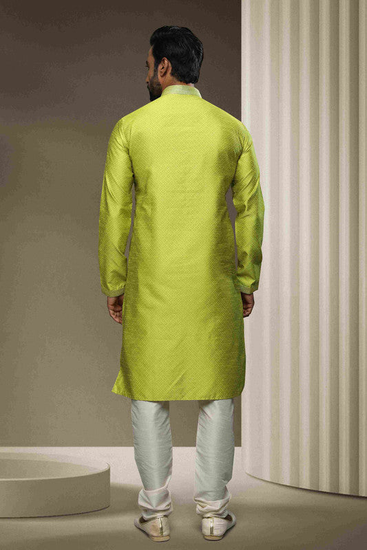 Men's Jacquard Silk Brocade Pintux Work Kurta Pajama In Mint Green Colour