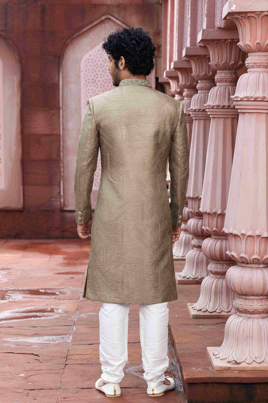 Men's Light Green Art Silk Thread Work Sherwani Set