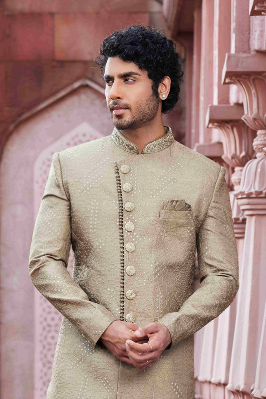 Men's Light Green Art Silk Thread Work Sherwani Set
