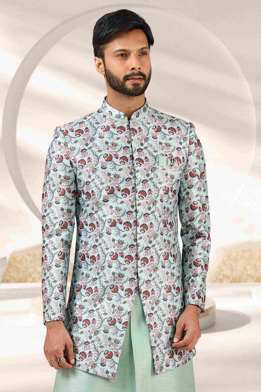 Men's Pista Green Art Banarasi Digital Printed Indo Western Set