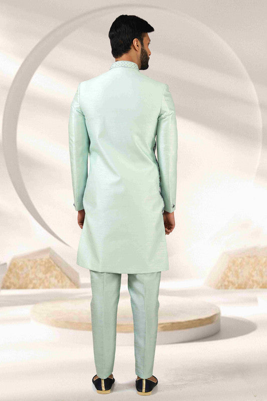Men's Pista Green Art Banarasi Embroidery Indo Western Set