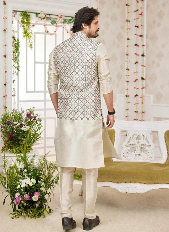 Men's Pista Green Art Silk Embroidery Work Jacket Set