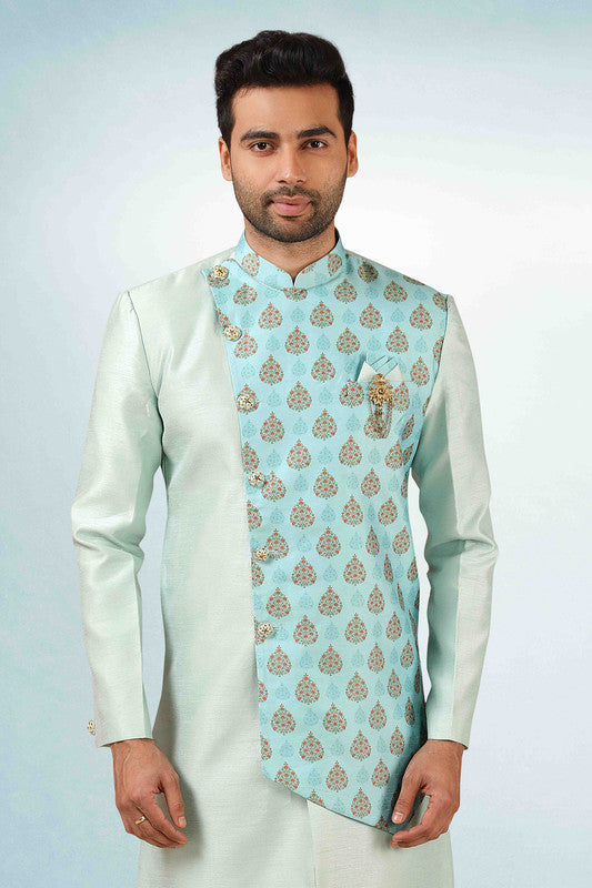 Men's Pista Green Art Silk Printed Work Indo Western Set