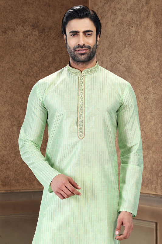 Men's Pista Green Jacquard Art Silk Thread Work Kurta Pajama Set