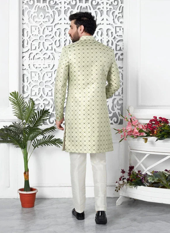 Men's Pista Green Jacquard Silk Embroidery Indo Western Set