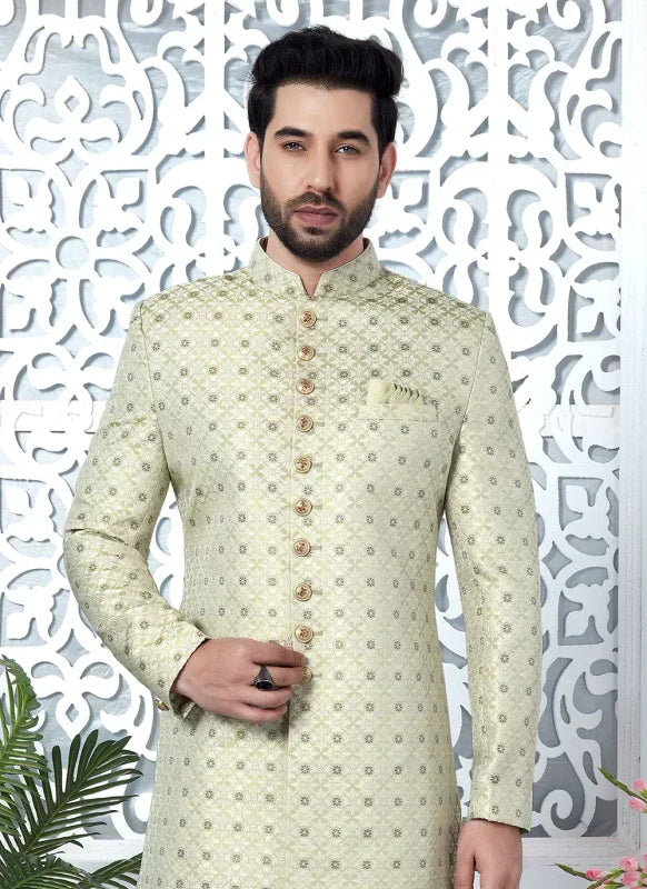 Men's Pista Green Jacquard Silk Embroidery Indo Western Set