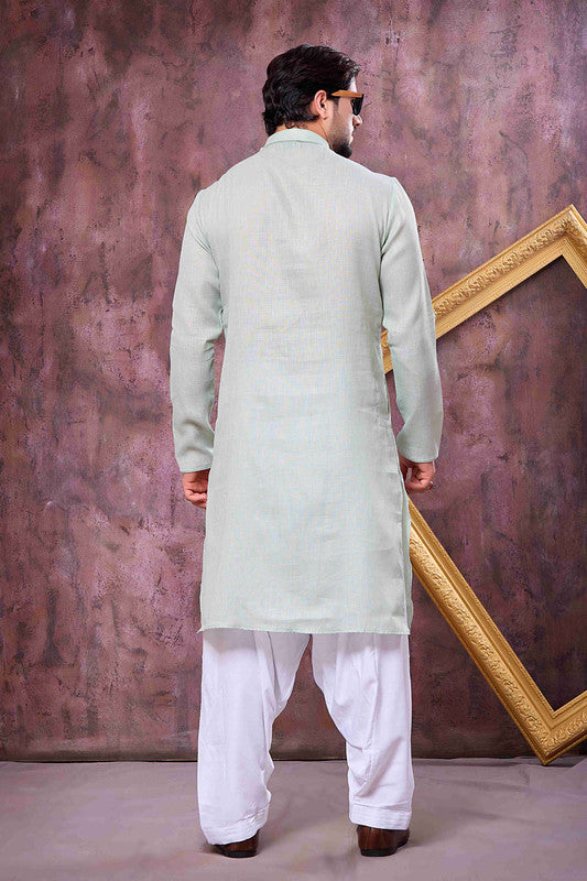 Men's Pista Green Linen Cotton Embroidery Collar Neck Pajama Set