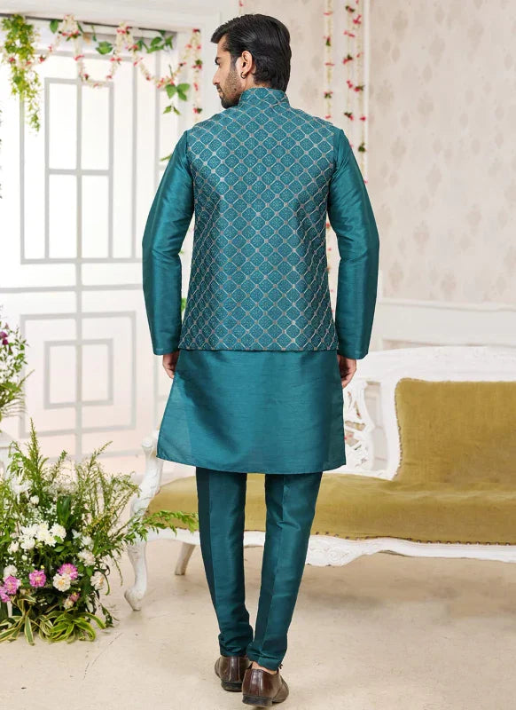 Men's Rama Green Art Silk Embroidery Work Jacket Set