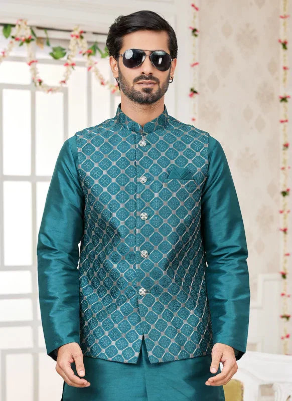 Men's Rama Green Art Silk Embroidery Work Jacket Set