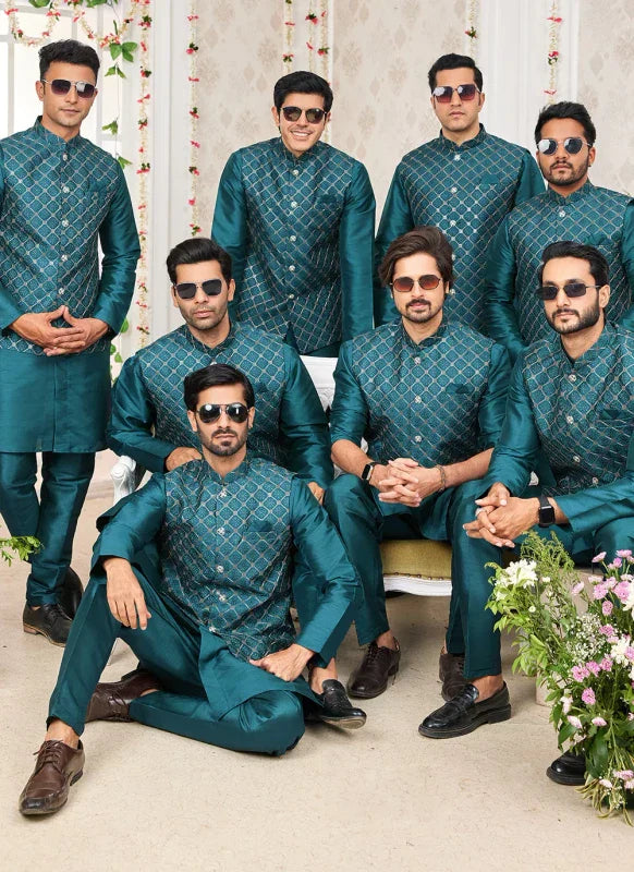 Men's Rama Green Art Silk Embroidery Work Jacket Set